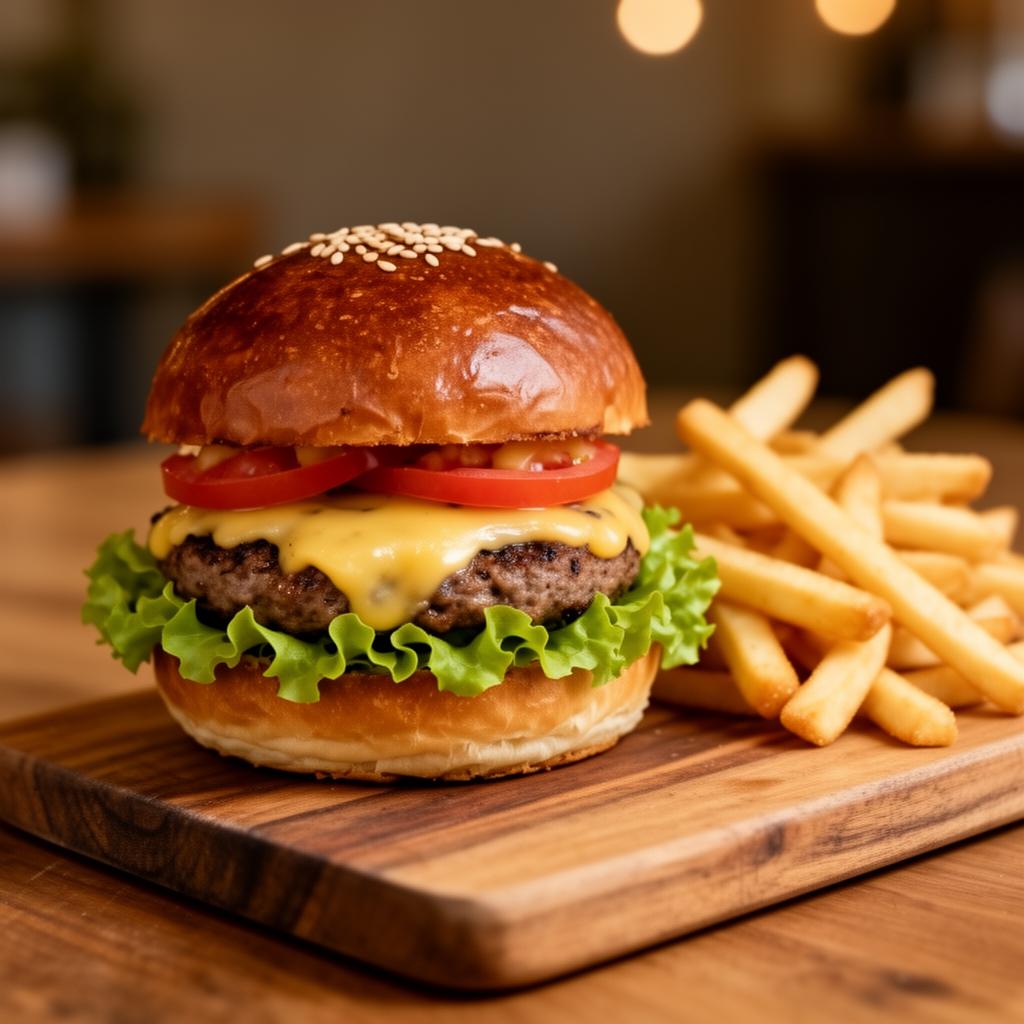Cheeseburger with fries served on a wooden board