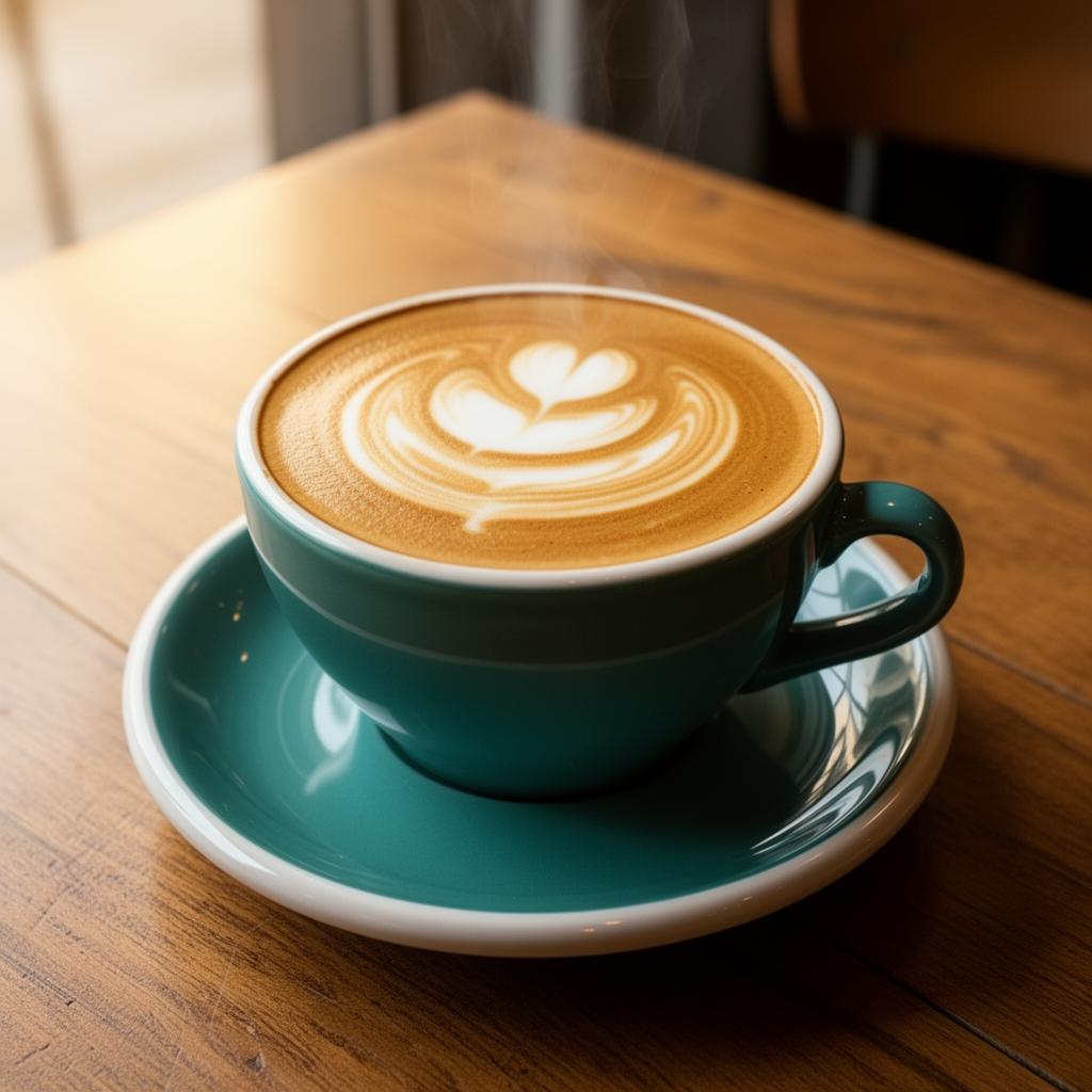 Latte art in a teal cup