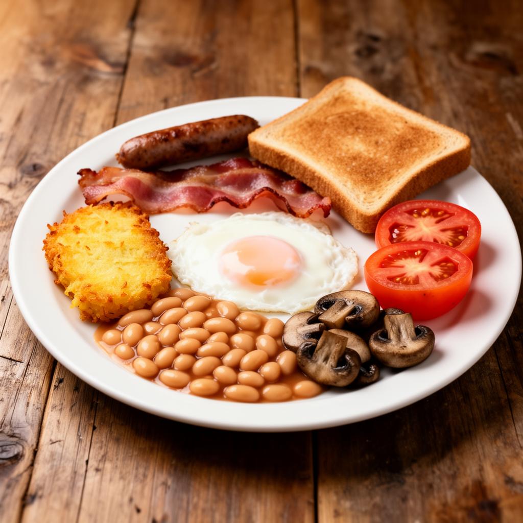 Full English breakfast with bacon, eggs, beans and toast