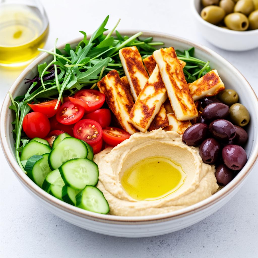 Halloumi bowl with hummus, fresh vegetables and olives
