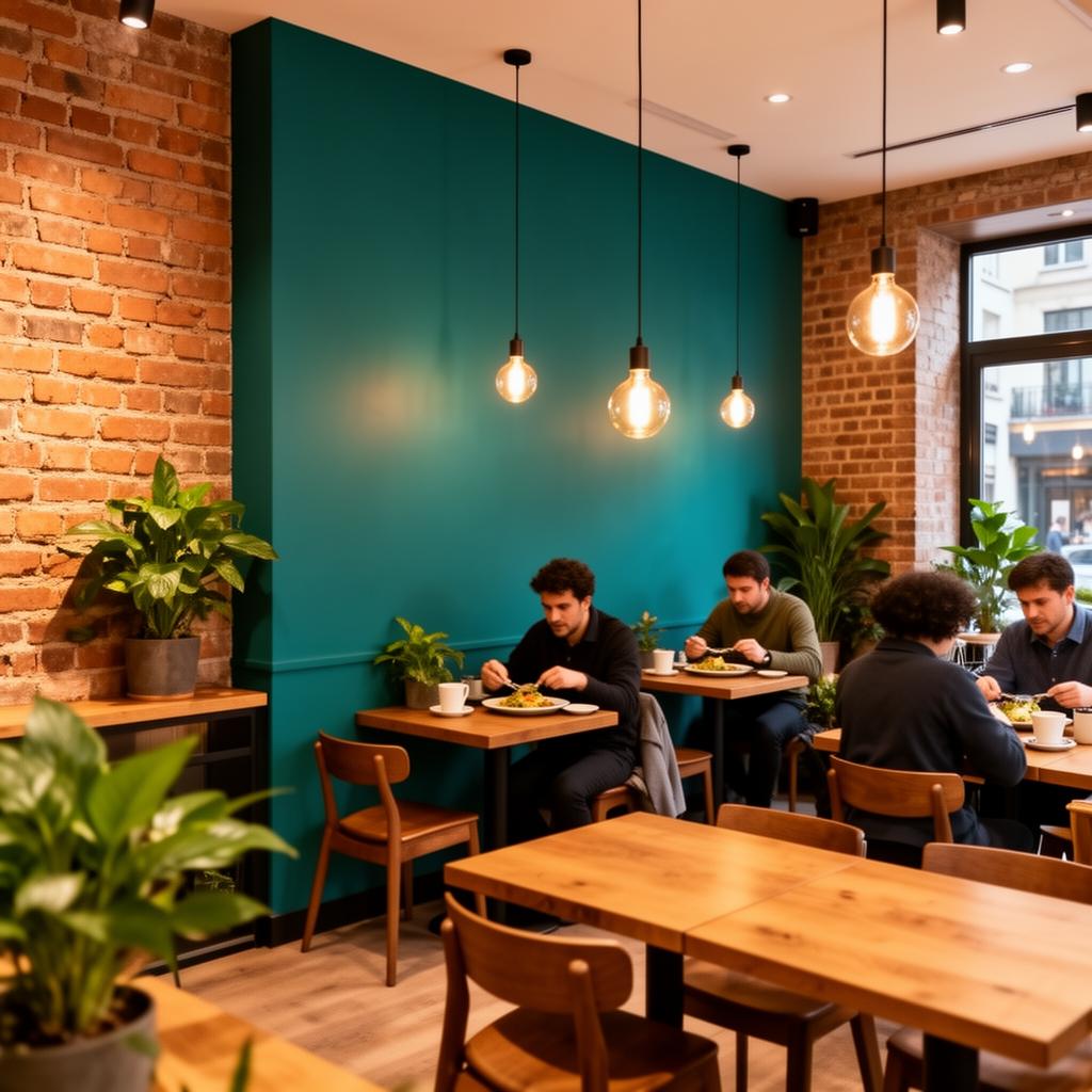 Mog's Cafe interior with teal walls and warm lighting