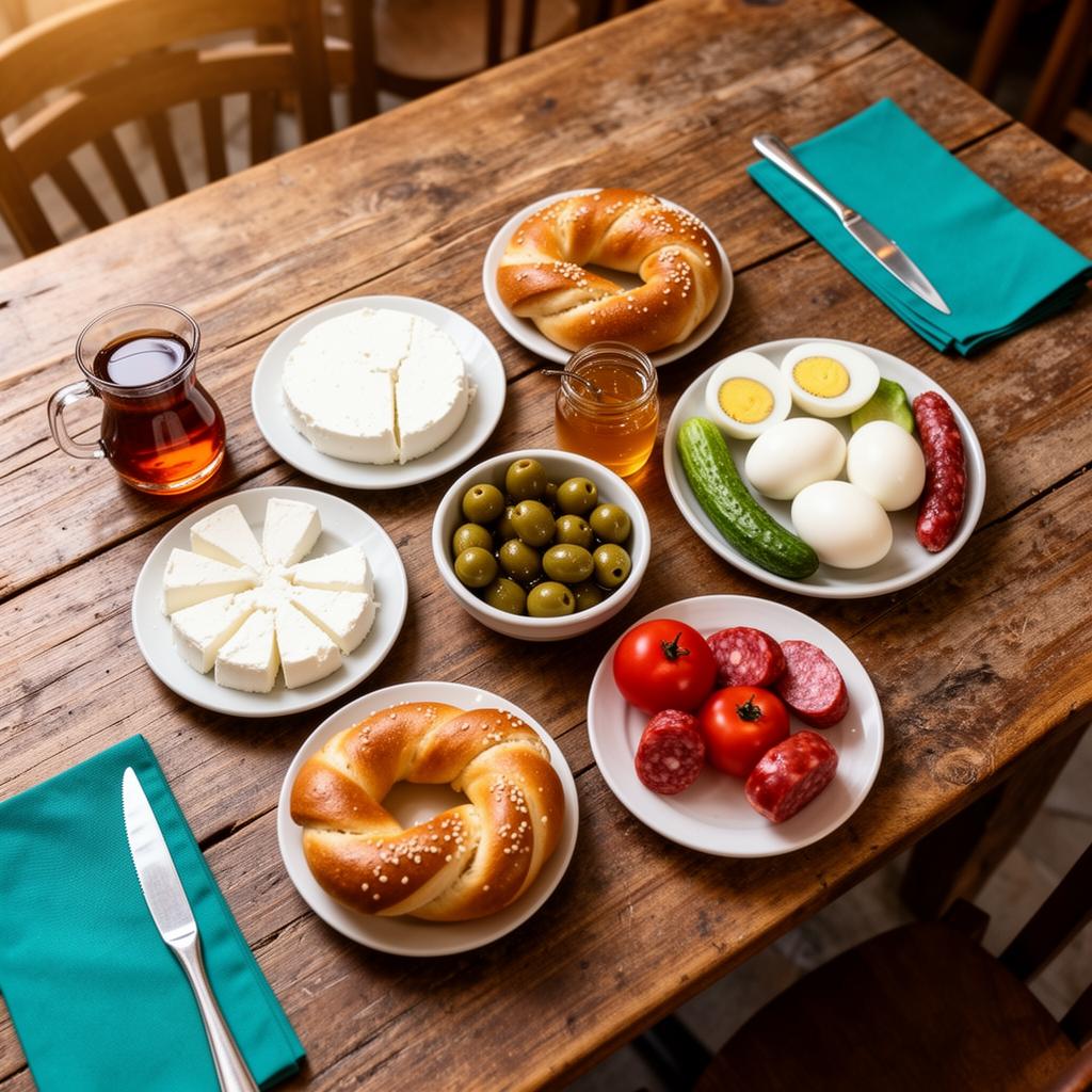 Traditional Turkish breakfast spread with simit, cheese, olives and sucuk